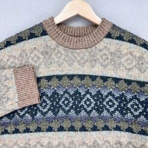 Aelfric Eden Sweater Mens Small Tan/Green‎ Chunky Knit Crewneck Fair Isle Nordic
